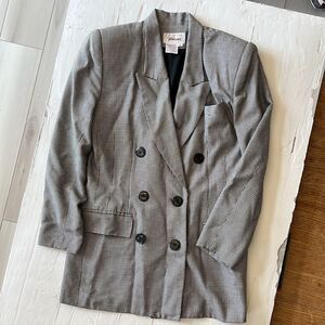 Double-Breasted Blazer Plaid Button Jacket Black Herringbone Vintage Size 6 Med